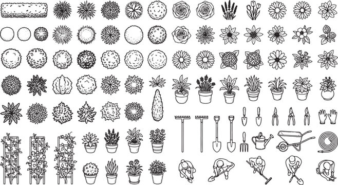 Top view garden landscape elements set with trees shrubs flowers gardening tools and people in line art