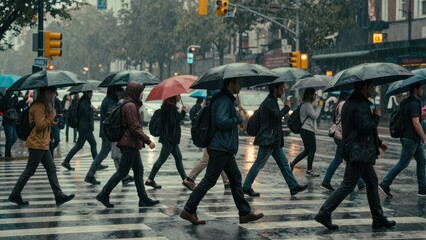 Obraz premium Pedestrians Walking Across City Street Under Umbrellas During Heavy Rainstorm in Urban Environment with Wet Asphalt Reflections and Moody Atmospheric Lighting
