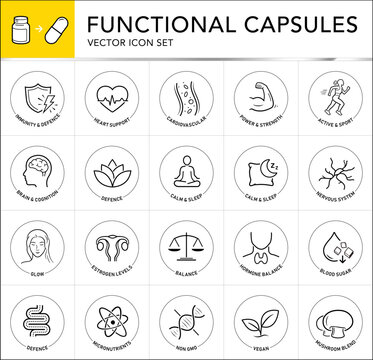 Functional capsules and health supplement vector icon set for dietary supplements, vitamins. The outline vector icons are well scalable for packaging label design. EPS10.