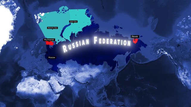 Animated Blue 3D Satellite Map of Russian Federation Northern Sea Route Showing Arctic Shipping Lane from Murmansk to Pevek