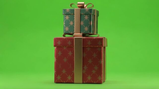 Dynamic stack of three festive 3D gift boxes jiggling and slowly spinning on chroma key background.