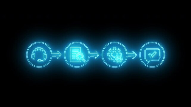 Glowing blue icons depicting a workflow process on a black background with a white banner.
