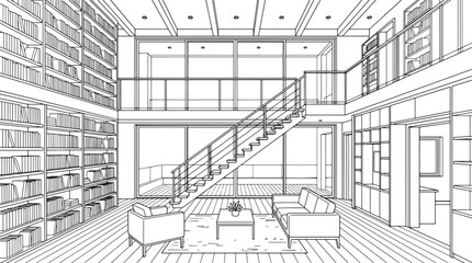 Fototapeta premium Modern two story library interior sketch with tall bookshelves staircase and lounge area in black and white