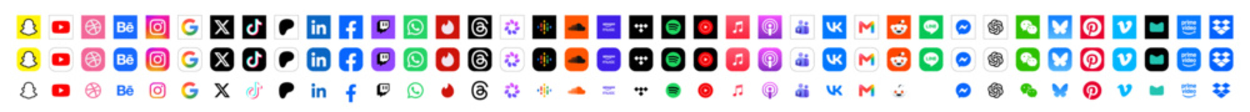 Social media icons buttons 2027. social media logo set, Facebook, Instagram, Youtube, Whatsapp, Twitter, X, Snapchat, LinkedIn, TikTok, icon - social network logos collection.