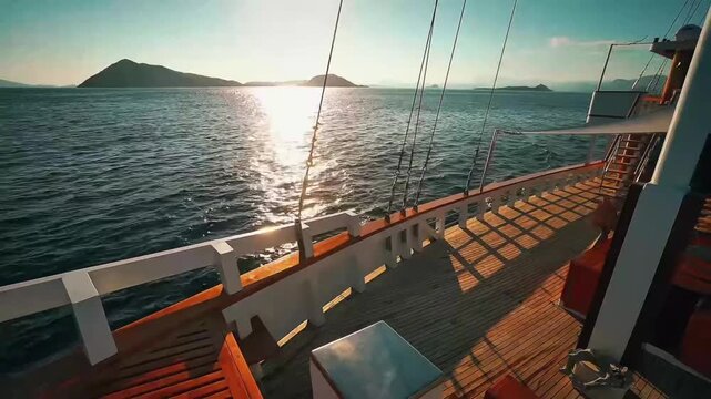 panoramic view from a luxury phinisi boat deck cruising on the calm sea during a bright golden sunset with island hills in distance.
