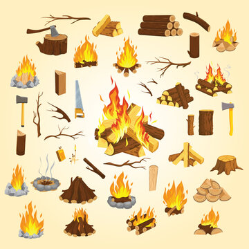 Collection of campfires logs branches lumberjack tools axe saw matches and different piles of logs for camping fire safety and forest adventures flat cartoon style vector illustration