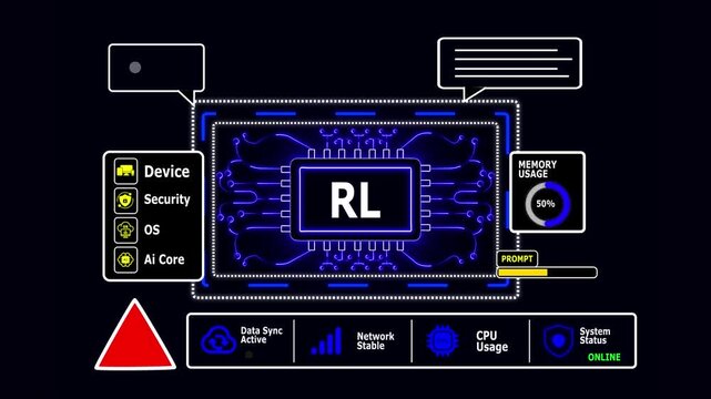 Digital circuit board with RL text and warning symbol on black background artificial intelligence computer chip with Cyber Security Dashboard Animation 4K.