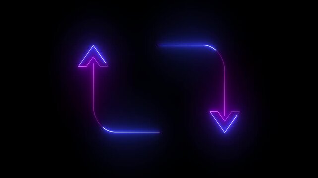 Neon glowing refresh icon with cycling arrows on black background arrow cycle