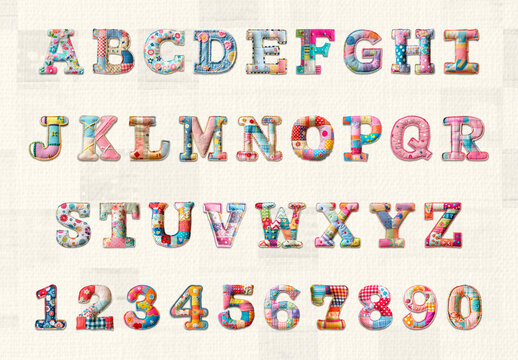 Colorful Patchwork Alphabet Numbers Font Set