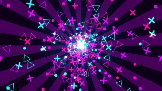 Retro Neon Geometric Tunnel. A vibrant animation featuring glowing neon shapes and radial lines flying towards the viewer. Perfect for music visuals, gaming, and retro dance party backgrounds.