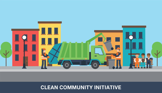 Public service illustration for clean community initiative showing municipal workers loading garbage truck.