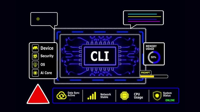 Command Line Interface text on a digital circuit board with warning symbol technology computer with Cyber Security Dashboard Animation 4K.
