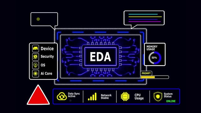 Digital Circuit Board With EDA Chip And Warning Symbol On Black Background artificial intelligence with Cyber Security Dashboard Animation 4K.