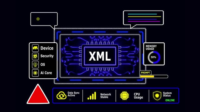 Computer Chip with XML Data Error Alert and Prompt Indicator circuit board technology with Cyber Security Dashboard Animation 4K.