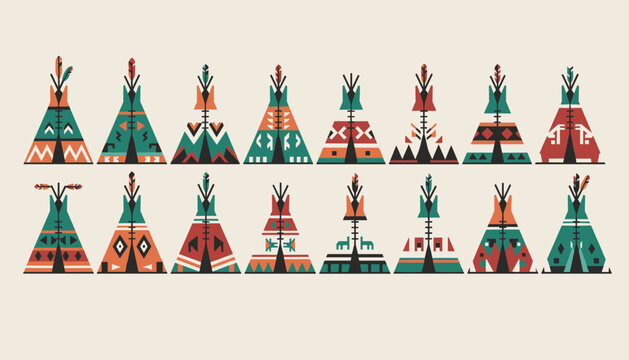 Set of traditional indigenous teepees with tribal patterns and feathers in flat vector design on beige background.