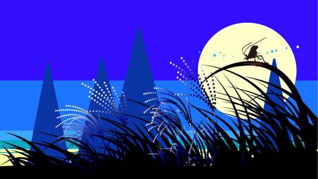 満月とススキの原っぱに佇む鈴虫の秋の夜景ベクターイラスト