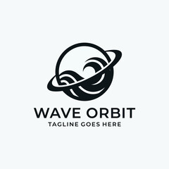 Modern circular logo combining maritime waves with a celestial planetary ring orbit. © Hivee