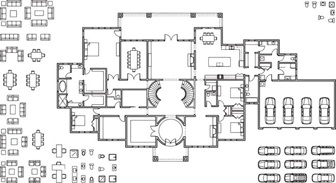 Architectural floor plan of a luxury residential house with furniture symbols and car parking layout vector illustration