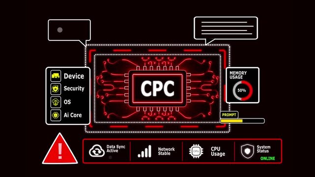 Digital circuit board with CPC text and warning symbol on black background cost per click technology with Cyber Security Dashboard Animation 4K.