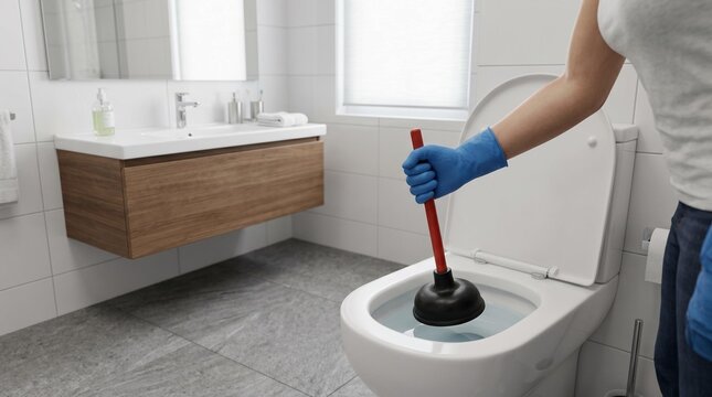 Person Wearing Blue Rubber Glove Using Red Plunger To Unblock White Modern Toilet, Essential Home Plumbing Maintenance And Repair Task