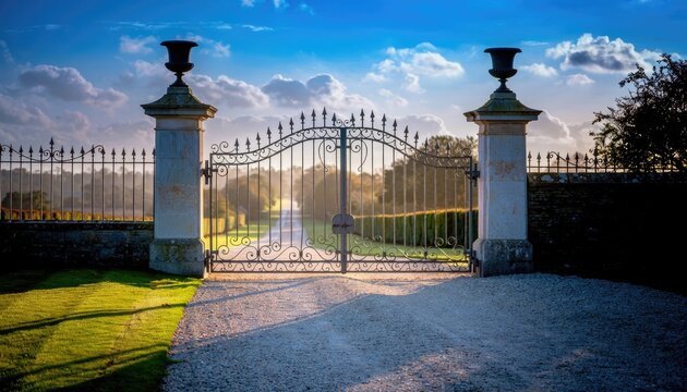 Grand Wrought Iron Entrance Gate to a Luxury Estate at Sunset.