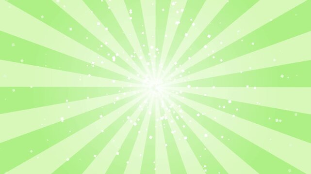 Green Sunburst Animation. An energetic background with bright lime rays and white square particles expanding from the center. Perfect for celebration or presentation projects.