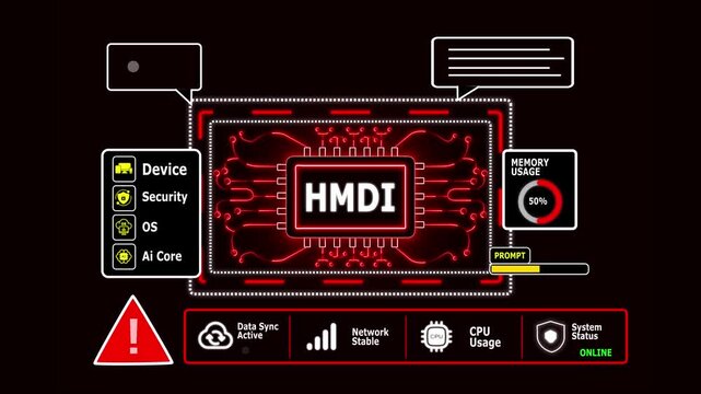 Digital Circuit Board with HDMI Chip and Warning Symbol on Black Background HDMI technology with Cyber Security Dashboard Animation 4K.