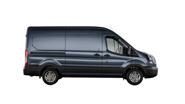 Dark blue cargo van with sliding door, isolated on transparent background