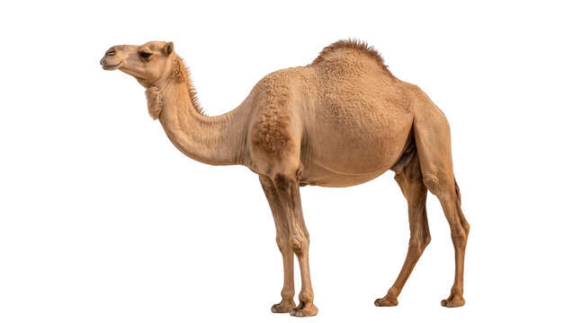 Dromedary camel with one hump standing, isolated on transparent background