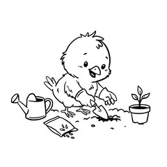 Cute cartoon chick character gardening line art illustration © MeyImaniar