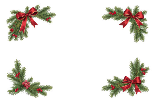 Christmas garland corner frames with red bows and holly berries, festive spruce branches border on transparent background