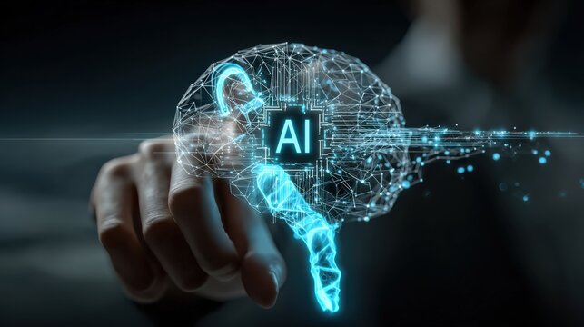 AI digital brain conceptual art. A glowing, intricate network forming a human brain with an 'AI' chip at its center, touched by a hand. ..Created with Generative AI, not depicting real subjects.