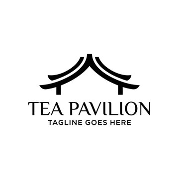 Minimalist Asian architecture emblem for tea houses and traditional brands.