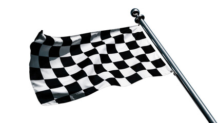 Waving black and white checkered racing flag on metal pole, isolated on transparent background © Alexa