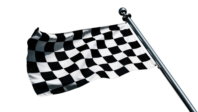 Waving black and white checkered racing flag on metal pole, isolated on transparent background