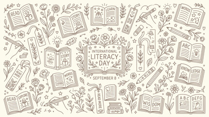 Obraz premium International Literacy Day celebration with hand-drawn illustrations of books, reading, and writing elements.