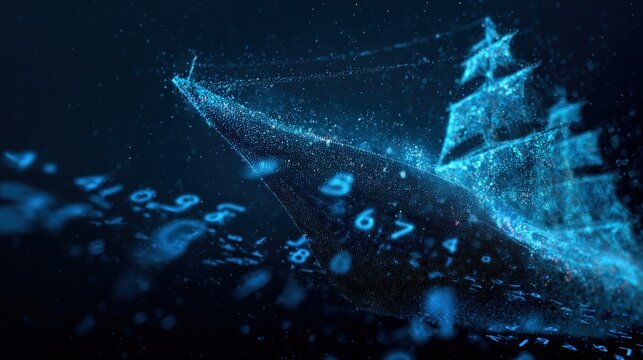 A majestic sailing ship is rendered in glowing digital particles, navigating through a sea of glowing numbers and data streams. ..Created with Generative AI, not depicting real subjects.
