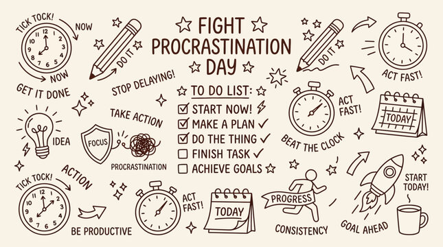 Fight Procrastination Day illustration with clocks, to-do list, and motivational doodles.