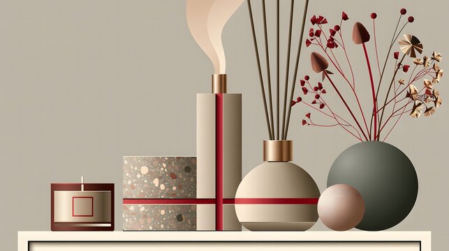 A scene with aroma candles and diffusers arranged side by side.