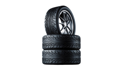 Stack of three black rubber car tires with silver alloy rims, isolated on transparent background © Alexa