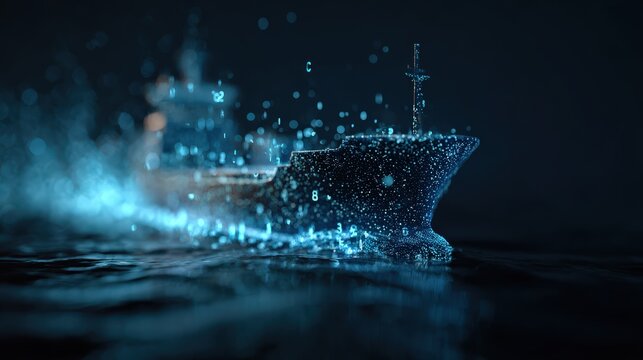 A futuristic digital ship composed of glowing blue particles sails through dark, reflective water. ..Created with Generative AI, not depicting real subjects.