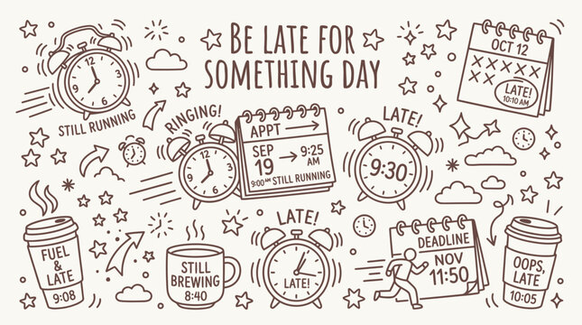 Be Late For Something Day illustration with alarms, calendars, coffee cups, and running figures.