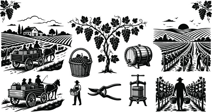 Vintage Vineyard Harvest Silhouette Collection with Grape Farming and Winemaking Elements