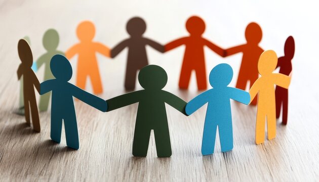 Paper figures arranged in a circle symbolize teamwork and unity.