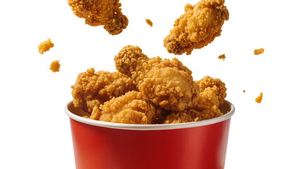 Crispy golden fried chicken pieces falling into a red bucket, isolated on transparent background © Alexa
