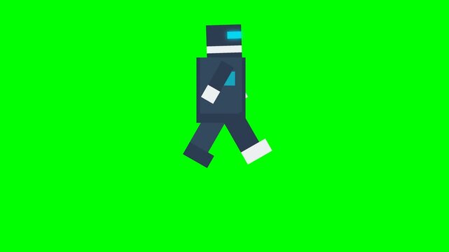 Animated character walking on green screen background, simple pixel art style.
