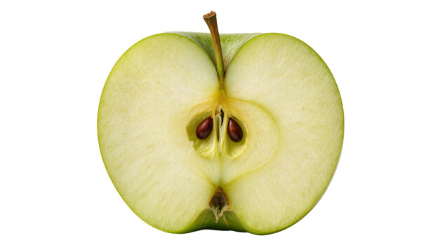 Green apple half with visible seeds and stem, isolated on transparent background
