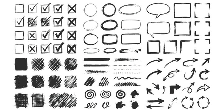Set of hand drawn sketch elements including check marks squares circles arrows and scribble lines