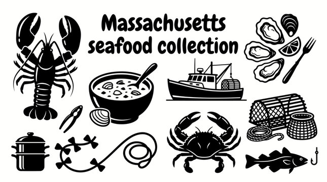 massachusetts seafood featuring clam chowder lobster oysters cod fish crab baskets fishing boats and traditional coastal cuisine arranged as a premium commercial vector illustration set for culinary