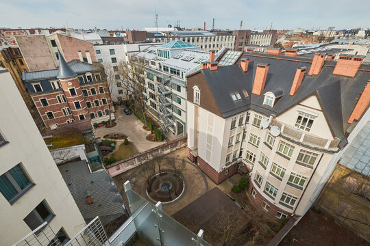 Rooftop view of historic inner courtyards and residential buildings in Quiet Center of Riga, Latvia.